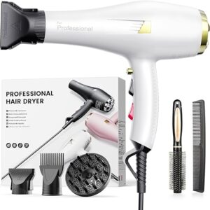 Secador de pelo profesional iónico, difusor y concentrador, secador de pelo de 2 velocidades y 3 ajustes de calor - blanco