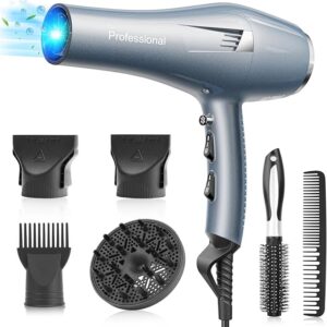 Phon Capelli Professionale 30m/s Asciugacapelli, 120 Milioni di Ioni Negativi, Asciugatura Rapida per Salone e Casa, 3 Temperature, 2 Velocità, 4 Accessori (Diffusore + Ugelli) (Blu avanzato)